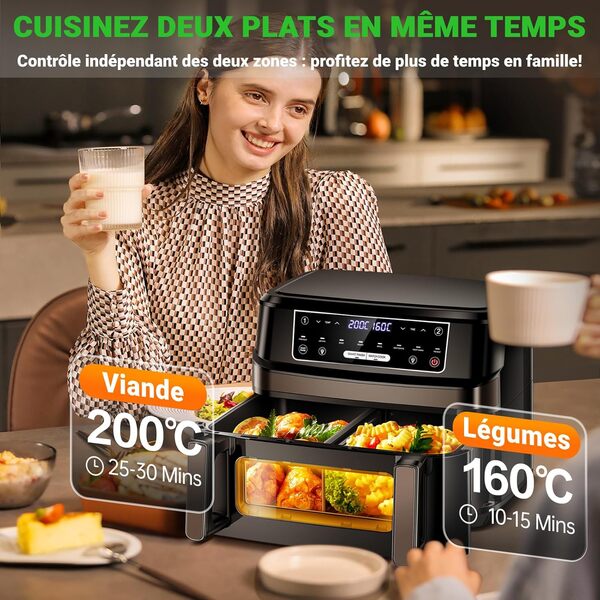 Air Fryer 12L | Réglable Une ou Deux Chambres Grande Friteuse Sans Huile, 8-en-1 Friteuse Air Fryer XXL Contrôle Température Indépendante max 200℃, 2600W AirFryer Double Compartiment a Fenetre Visible