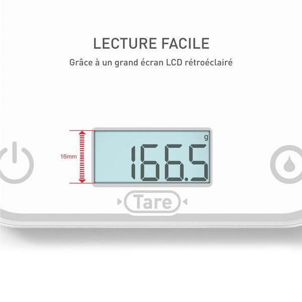 Tefal, Balance de cuisine électronique, Optiss, Écran rétroéclairé facile à lire, Résistance aux rayures, Capacité de 5kg, Blanc, BC50U0V0