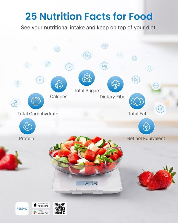 Balance de Cuisine Numérique RENPHO, Balance électronique pour La Cuisson et le Café, Appareil de Balance de Cuisson pour Céto, Macro, Calories et Perte de Poids avec Application pour Smartphone