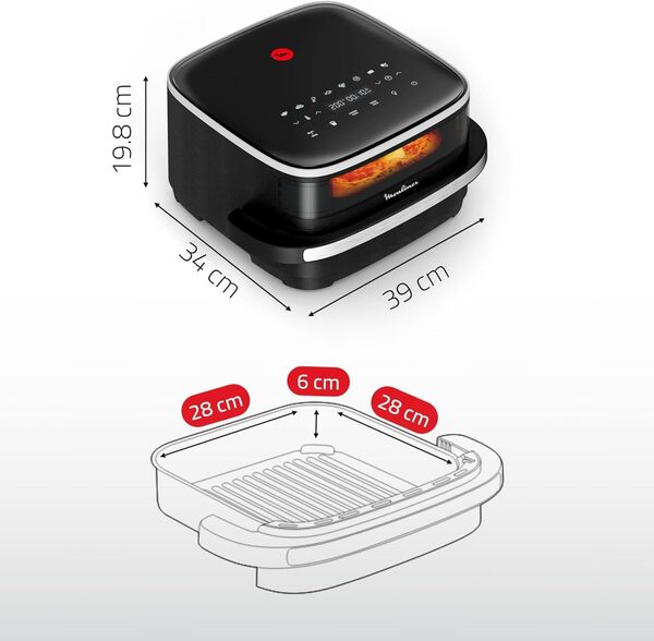 LOT Moulinex air fryer Surface & Pizza 4L, grande surface de cuisson, Fenêtre visualisation, Noir AL4018F0 + 3 ustensiles Tefal - Epluche légumes K2071814 + pince à aliments K2060714 + spatule K20608