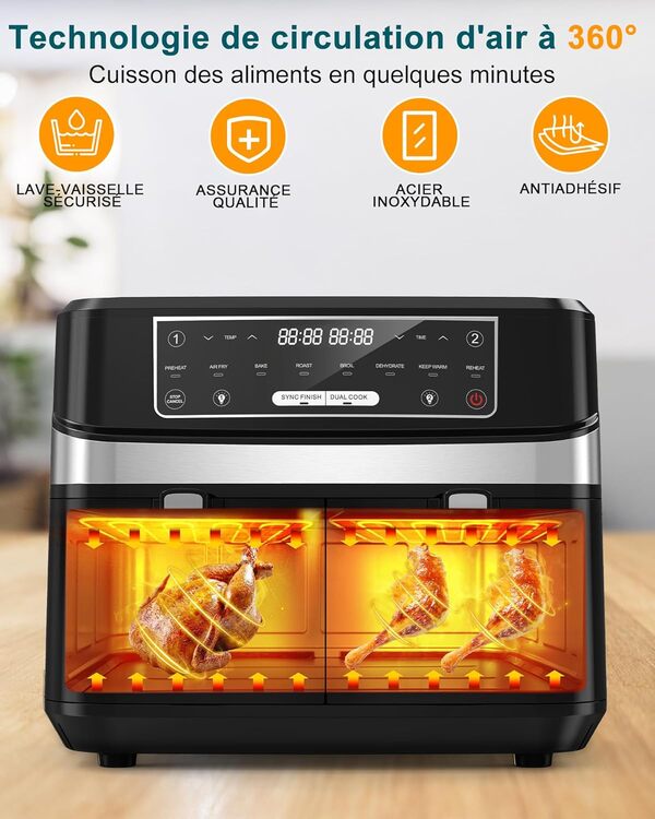Air Fryer avec Double Compartiment, Friteuse Sans Huile 10L Avec 8 Programmes 2600W, Friteuse à Air Chaud, Fonctions Match Cook & Smart Finish, Friteuse Electrique avec Fonction Mémoire