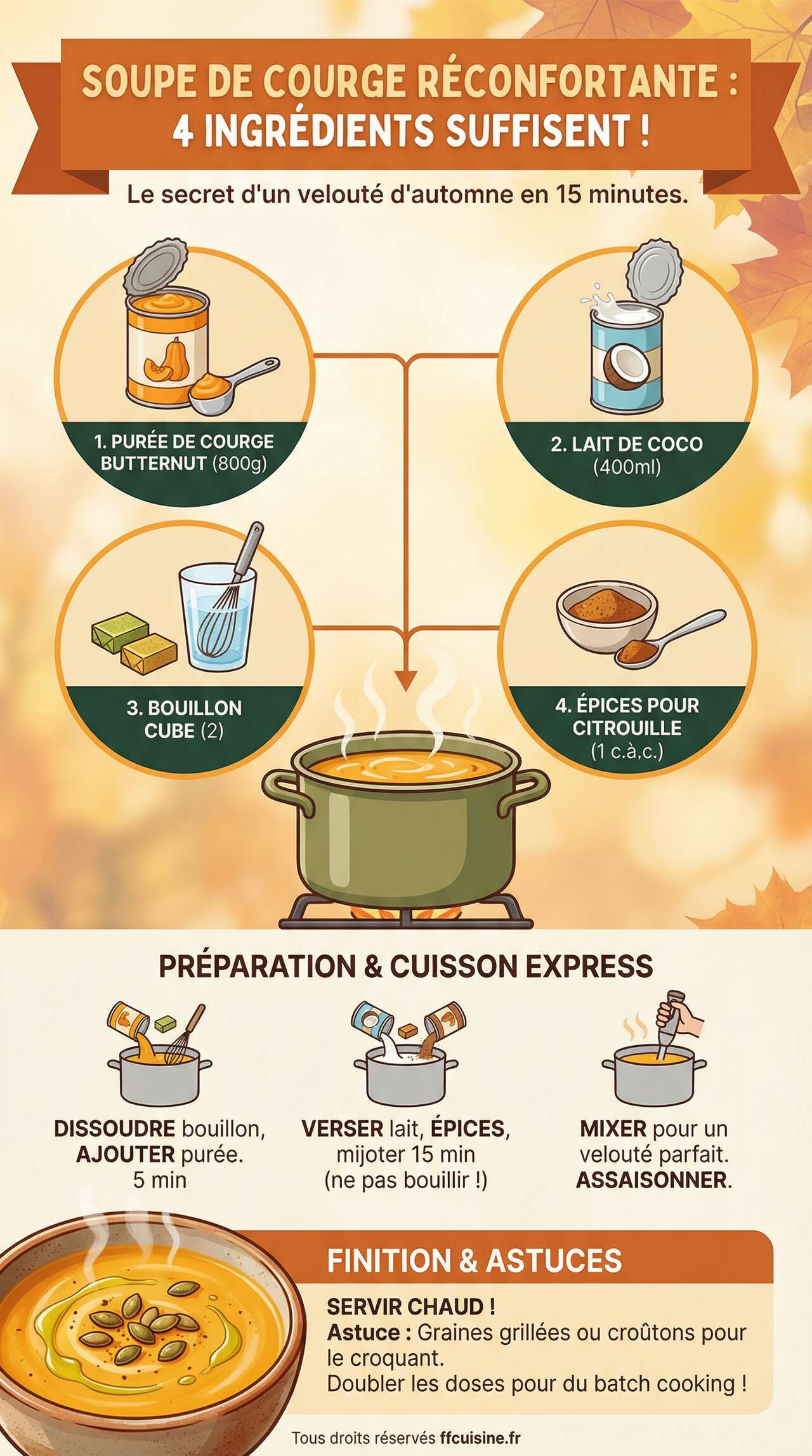 Infographie de la recette 4 ingr&eacute;dients suffisent : la soupe de courge la plus r&eacute;confortante de l&rsquo;automne !