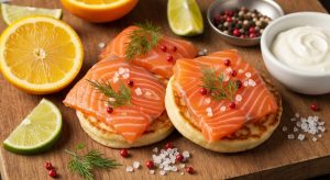Gravelax de saumon aux agrumes et blinis de pommes de terre