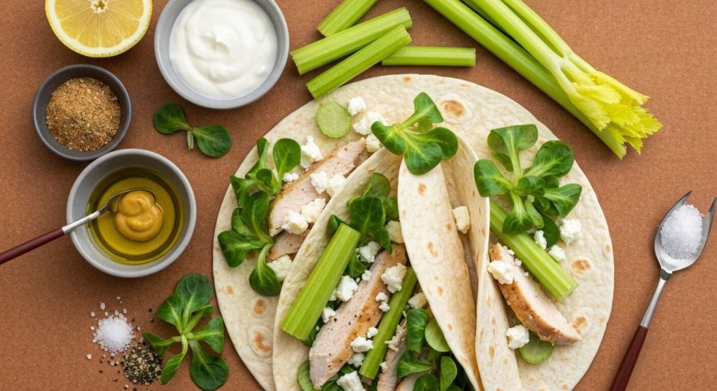 Wrap léger au poulet, céleri, feta et mâche : recette savoureuse et équilibrée
