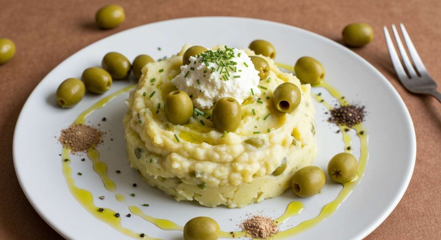 Purée de pommes de terre aux olives vertes et fromage frais