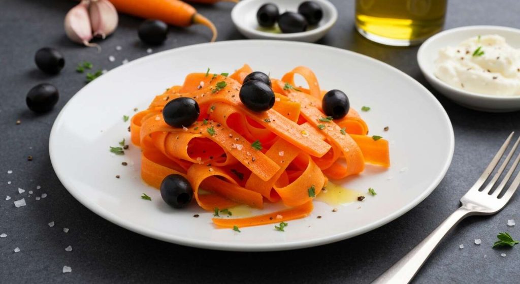Tagliatelles de carottes légères : recette aux olives noires et fromage ail et fines herbes