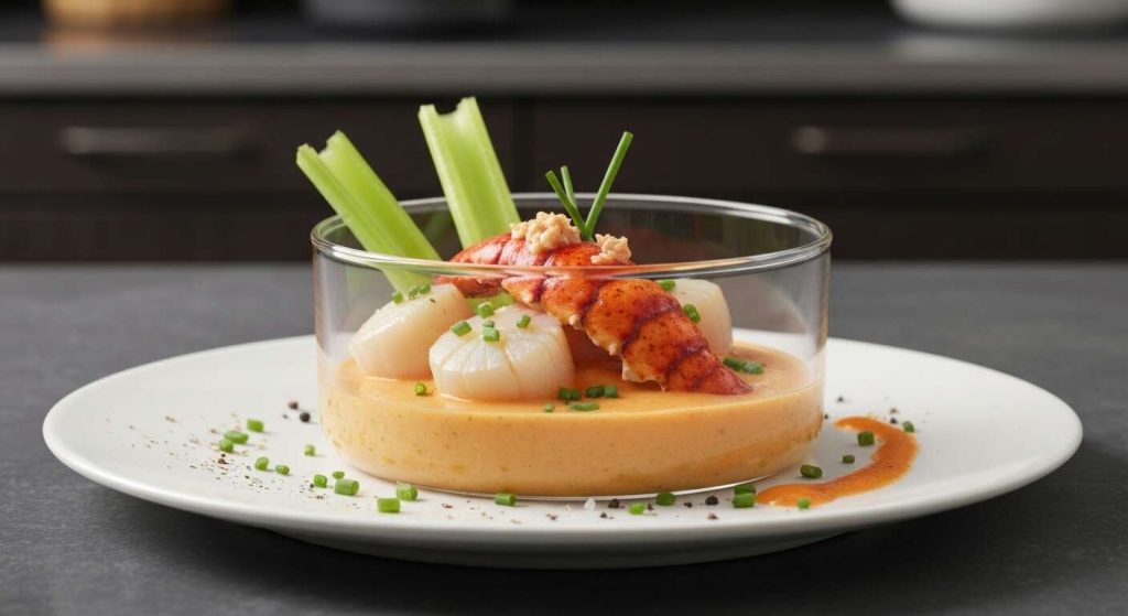 Verrine de Saint-Jacques, céleri croquant et émulsion sauce homardine au fromage