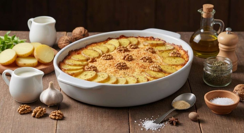 Gratin léger de pommes de terre, chèvre, noix et herbes