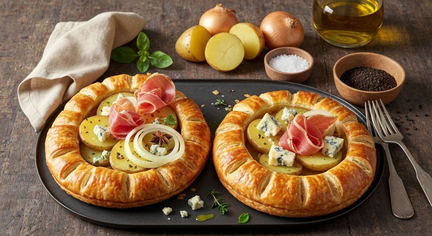 Feuilletés : bleu, pomme de terre, oignon et jambon cru