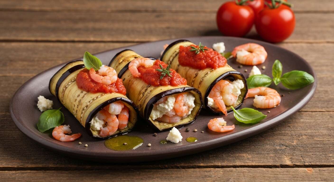 Roulés d'aubergines, crevettes et fromage de brebis : recette facile et savoureuse