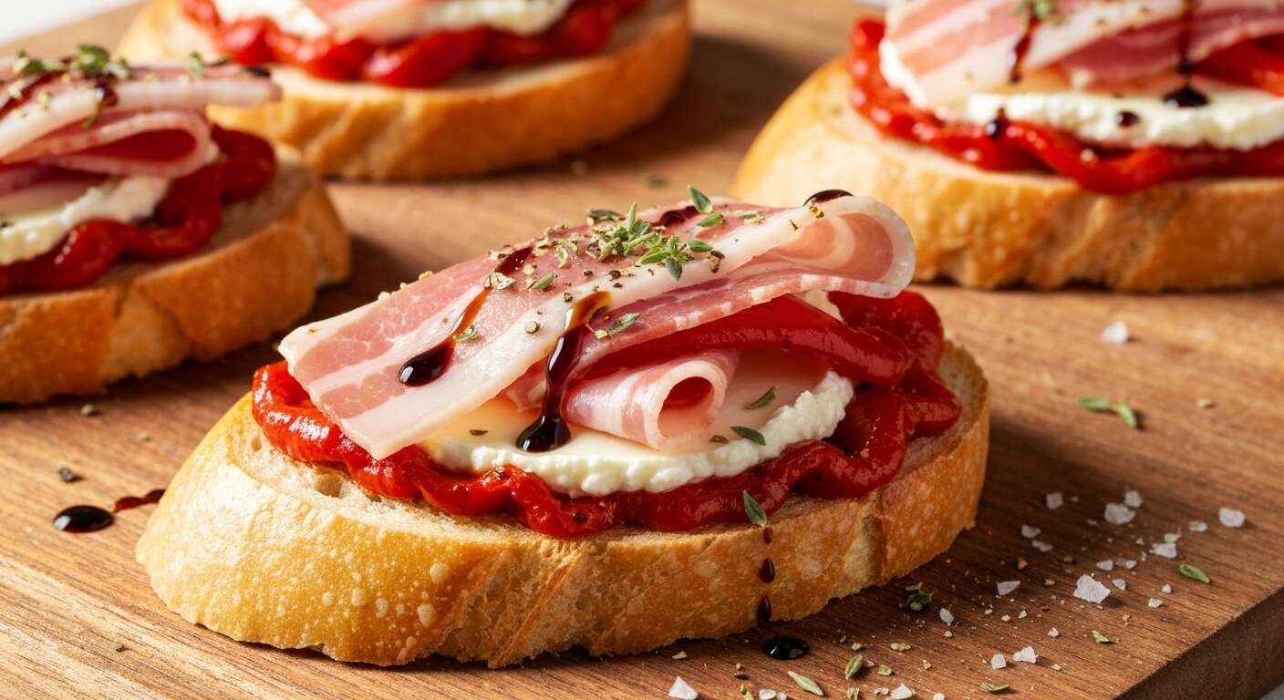 Bruschetta Poivrons, pancetta et Fromage Frais : recette Savoureuse