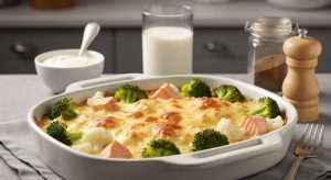 Gratin léger brocoli, chou-fleur et saumon : recette diététique
