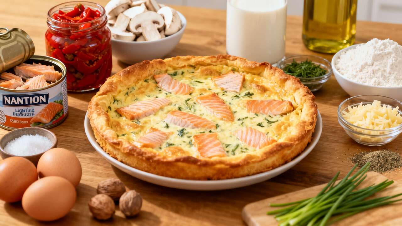 Clafoutis léger au saumon, poivron et champignons