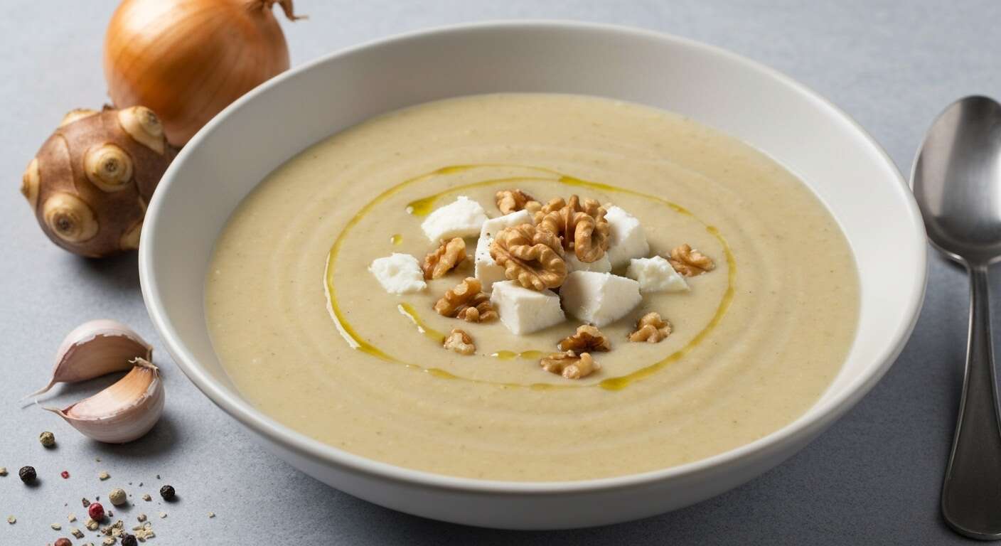 Soupe légère de topinambours au fromage et noix : recette savoureuse