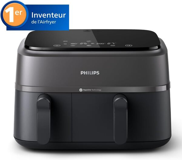Philips Airfryer Série 3000 - Air Fryer Double Panier, 9L, Technologie RapidAir, jusqu'à 90% de matières grasses en moins, Economies d'énergie, Application HomeID, coloris Noir (NA350/00)