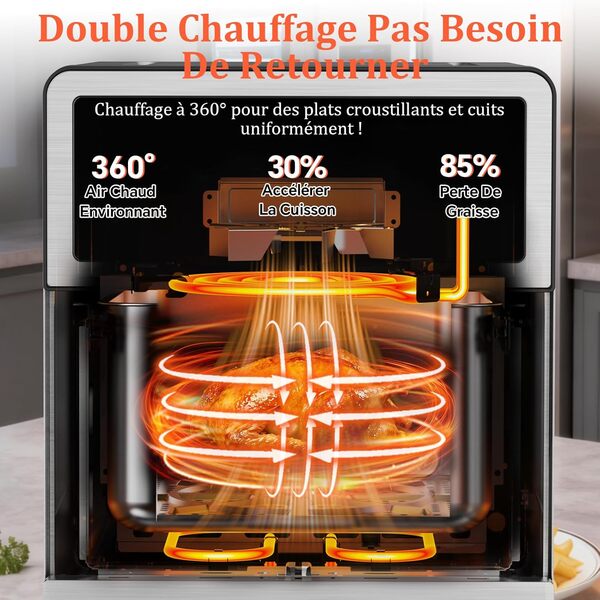 Air Fryer 8L XXL | Friteuse Sans Huile Haut/Bas Élément Chauffant, Airfryer Visuelle Lumière Intégrée 12 Programmes 2150W Corps Métallique, Friteuse à Air Chaud Avec Recette Max 200℃ Usage Familial
