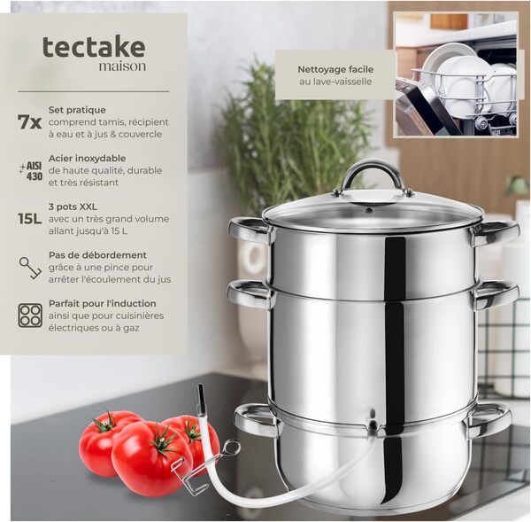 tectake® Extracteur de jus 15L en Acier inoxydable Multi-fonction Centrifugeuse Fruits et legumes Cuiseur-vapeur Presse fruits, tout feux dont induction, lavable au Lave-vaisselle