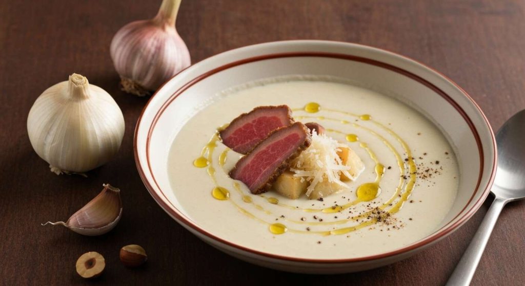 Velouté de Topinambours, chips de Magret Séché et Fromage : recette Gourmande