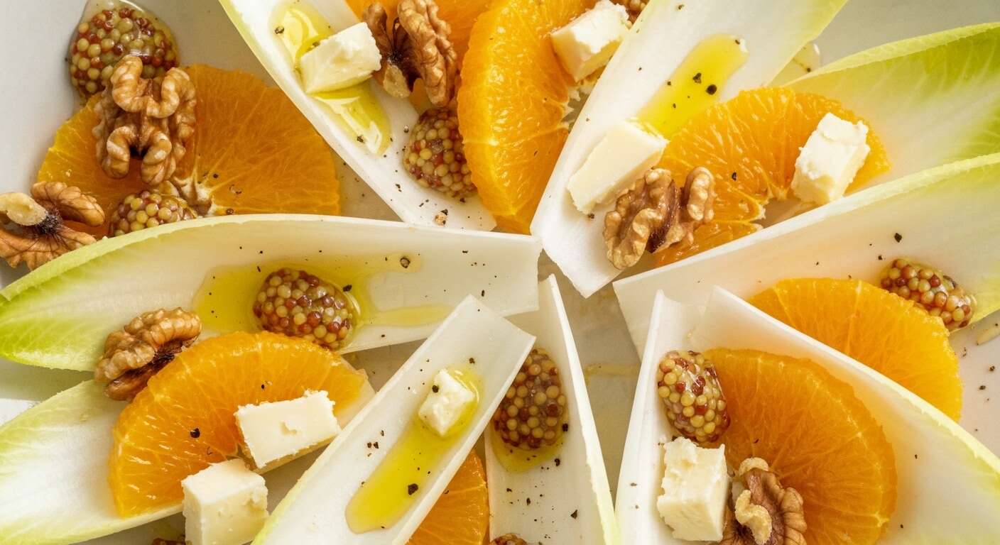 Salade d'endives à l'orange, noix et fromage de brebis
