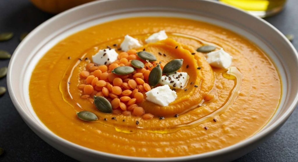 Recette savoureuse de soupe aux lentilles corail, courge et fromage de chèvre