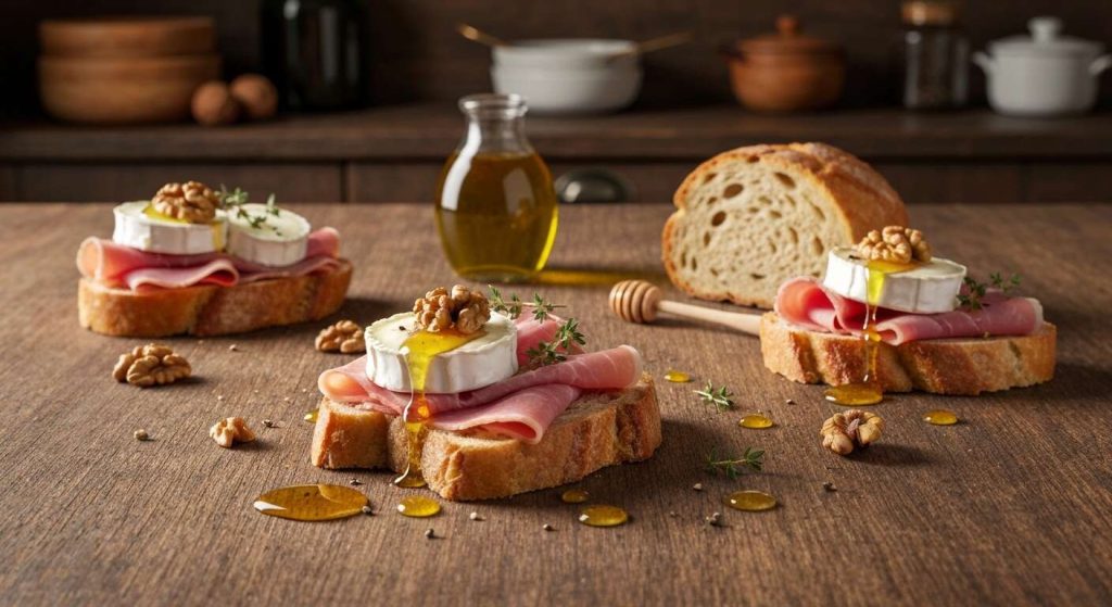 Tartines campagnardes : fromage, jambon et miel