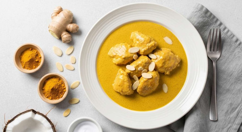 Curry de poulet léger au lait de coco et amandes effilées