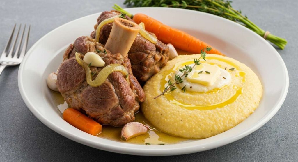 Jarret de porc braisé et polenta au fromage de brebis : recette savoureuse