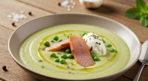 Velouté de petits pois, truite fumée et fromage frais : recette gourmande