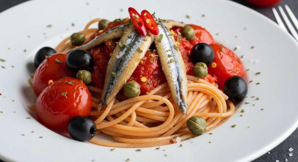 Spaghetti alla puttanesca légers : recette tomate, olives, câpres et anchois