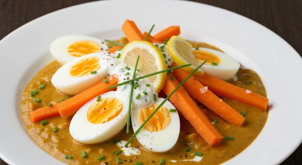 Oeuf dur et bâtonnets de carotte : sauce légère au curry