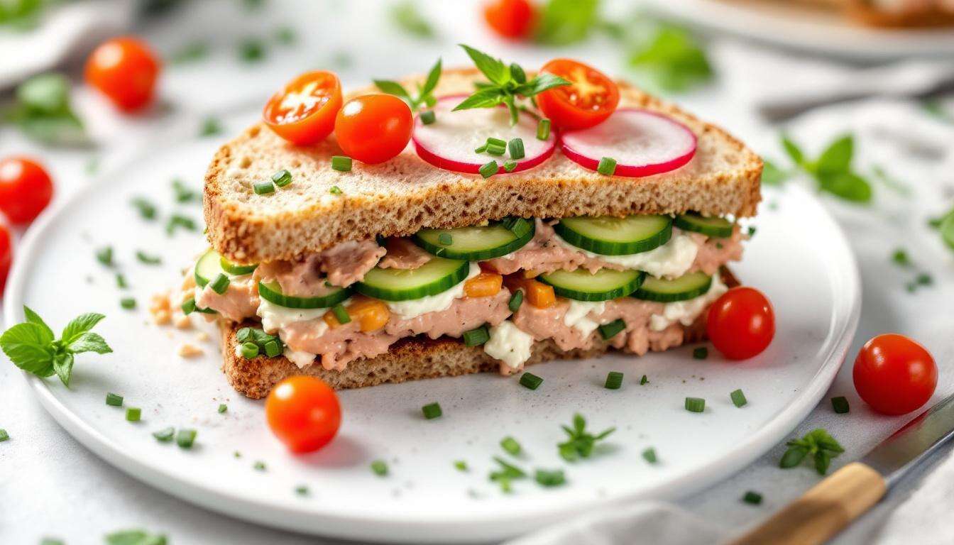 Sandwich cake au thon, crudités et fromage de chèvre frais