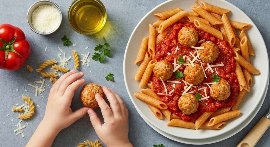 Recette : pâtes aux boulettes de poulet légères avec sauce tomate pour cuisiner avec les enfants