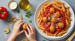 Recette : pâtes aux boulettes de poulet légères avec sauce tomate pour cuisiner avec les enfants