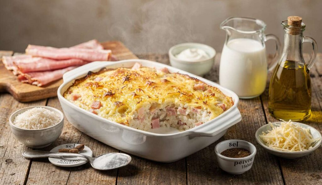 Gratin de riz de konjac au jambon : recette légère et savoureuse