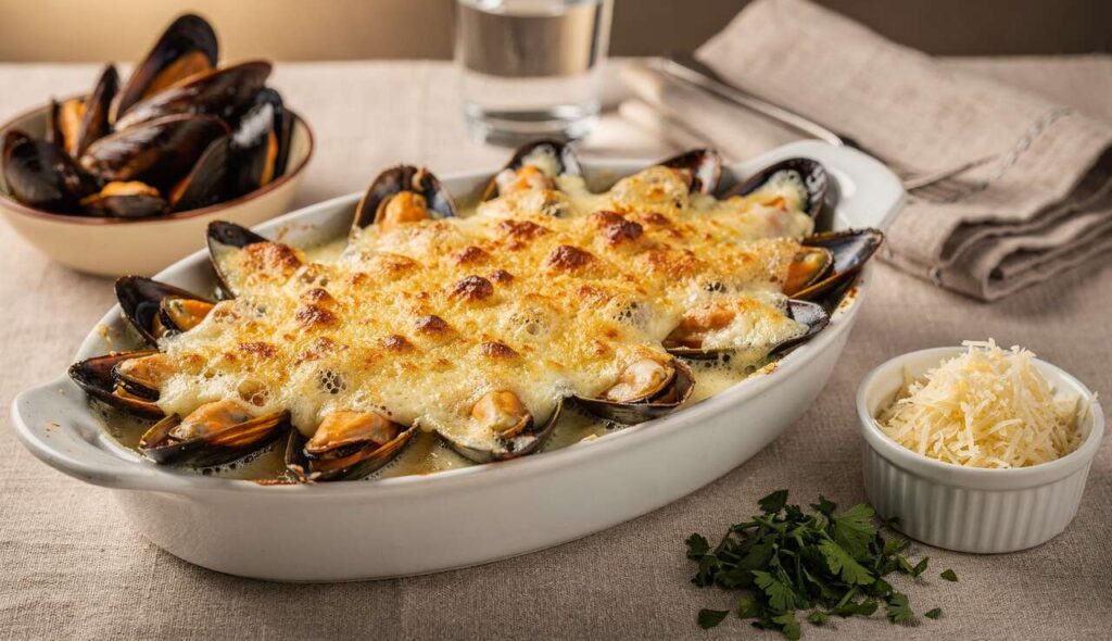Moules gratinées à la béchamel et au parmesan léger