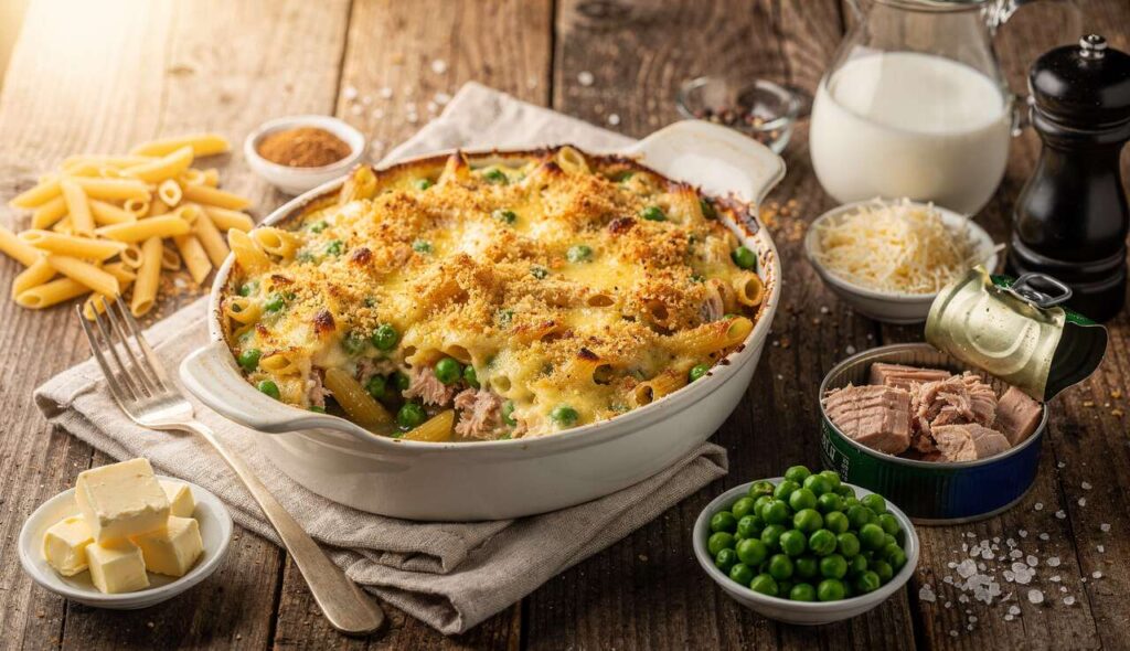 Gratin de pâtes au thon et petits pois : recette légère à la béchamel