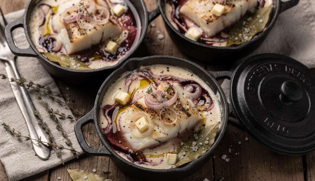 Cabillaud crémeux au vin rouge en mini cocottes