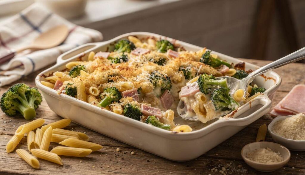 Gratin de pâtes aux brocolis et jambon avec sauce blanche légère