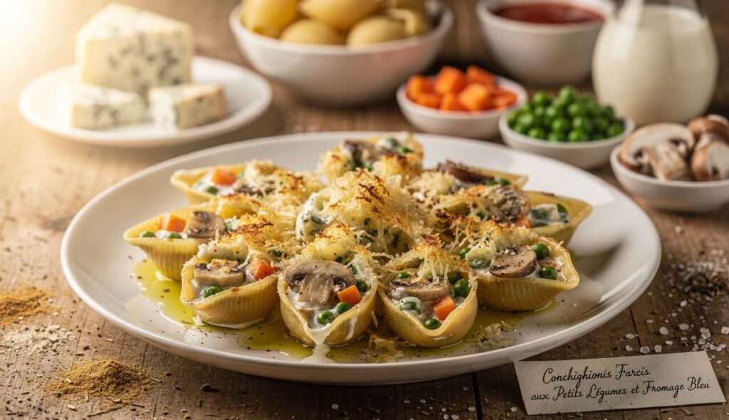 Recette : conchiglionis farcis aux petits légumes et fromage bleu