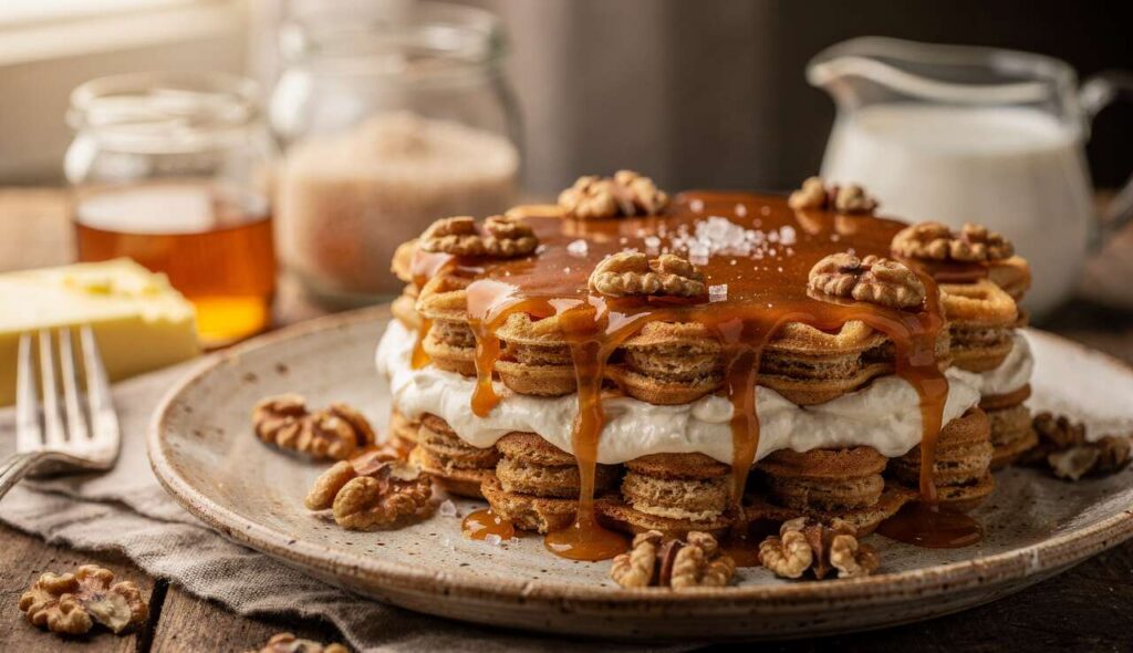 Gâteau de gaufrettes légères aux noix et caramel au beurre salé allégé