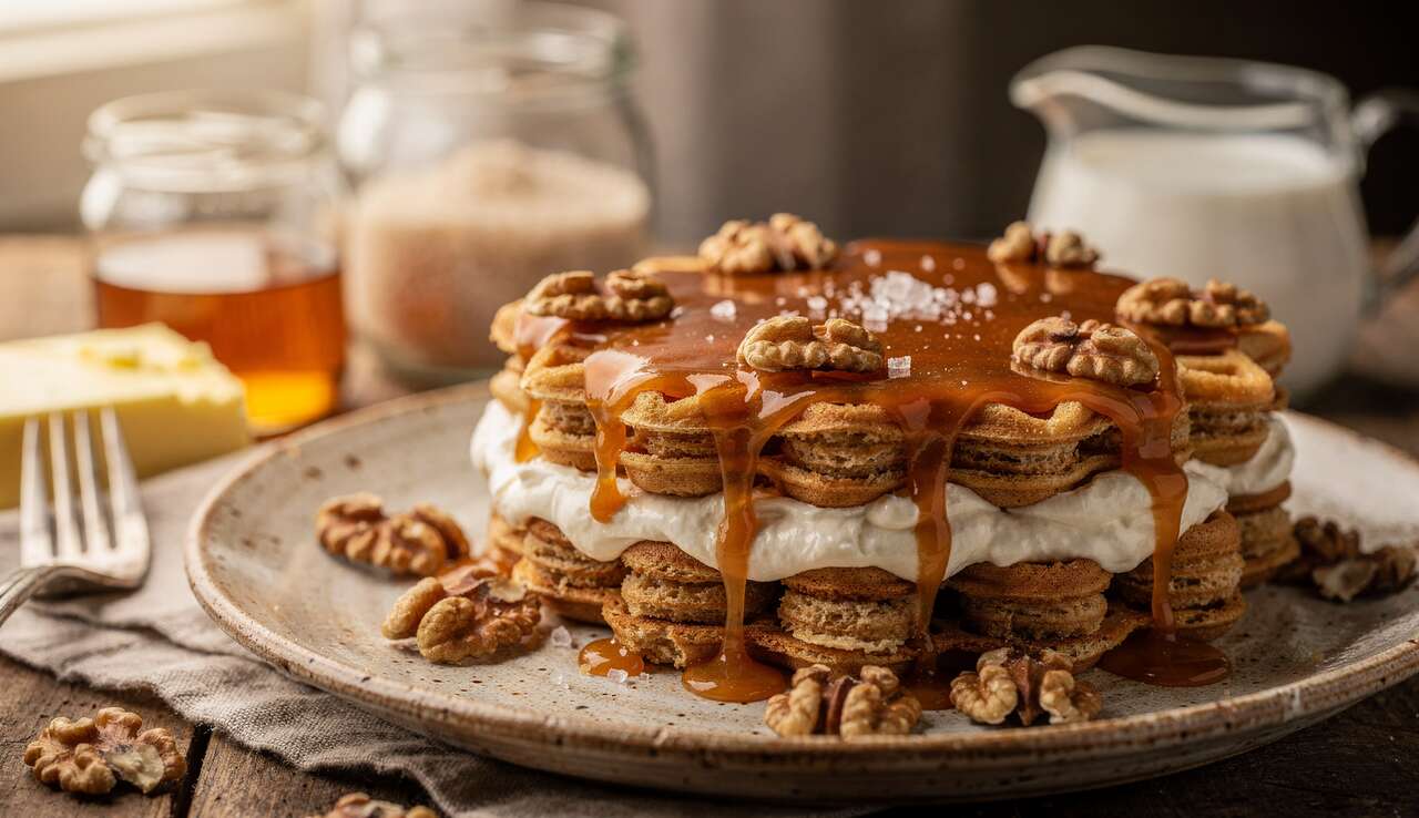 Gâteau de gaufrettes légères aux noix et caramel au beurre salé allégé