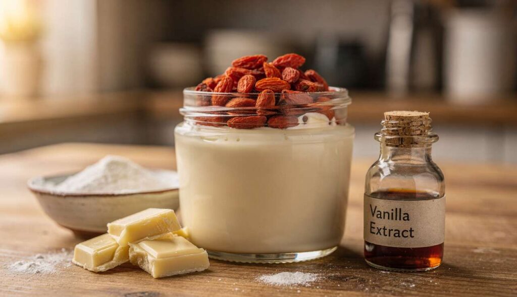 Petit pot de crème légère au chocolat blanc et baies de goji