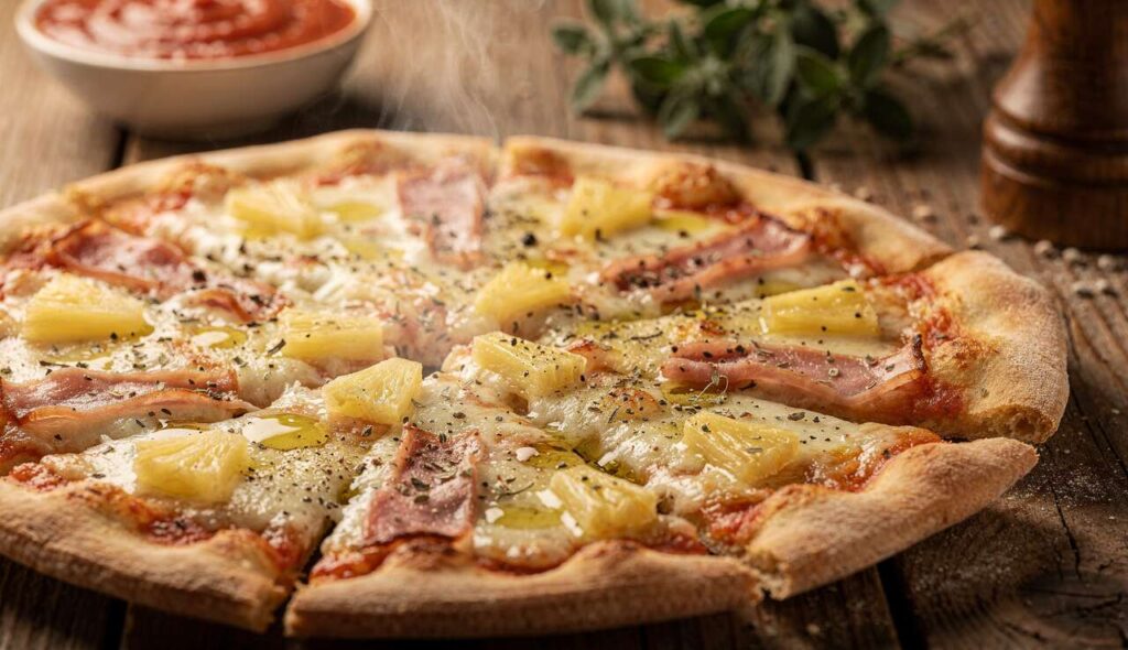 Pizza légère : ananas, jambon et mozzarella