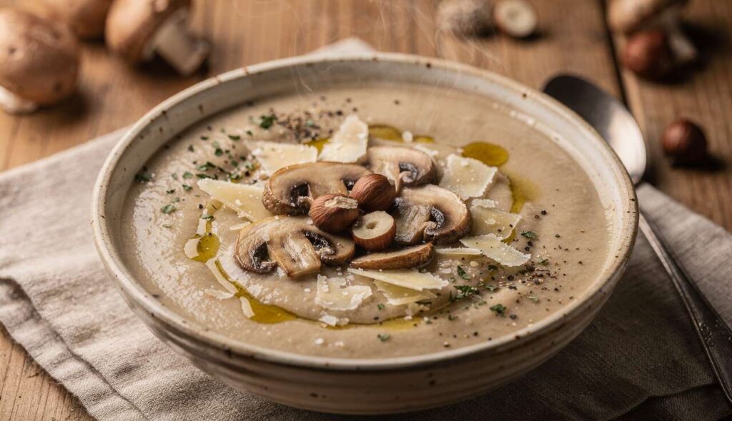 Crème de champignons, noisettes et fromage : recette gourmande