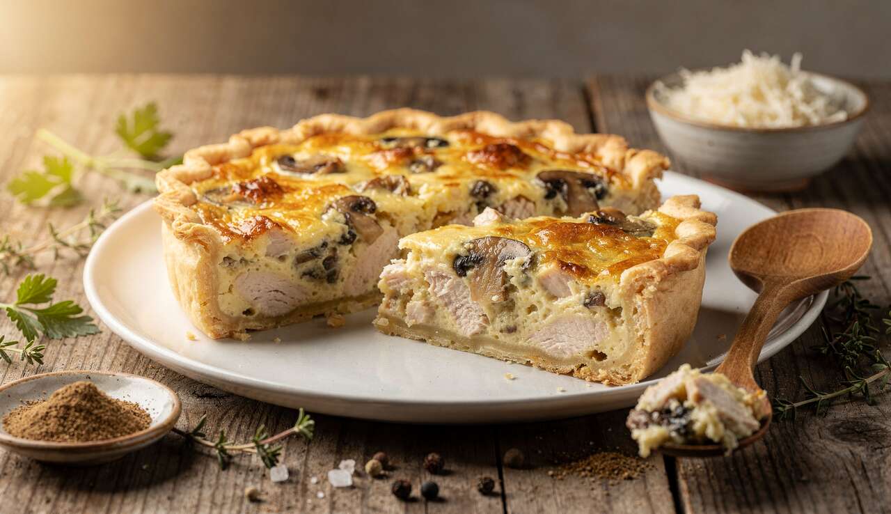 Quiche légère aux champignons et poulet : recette savoureuse et facile