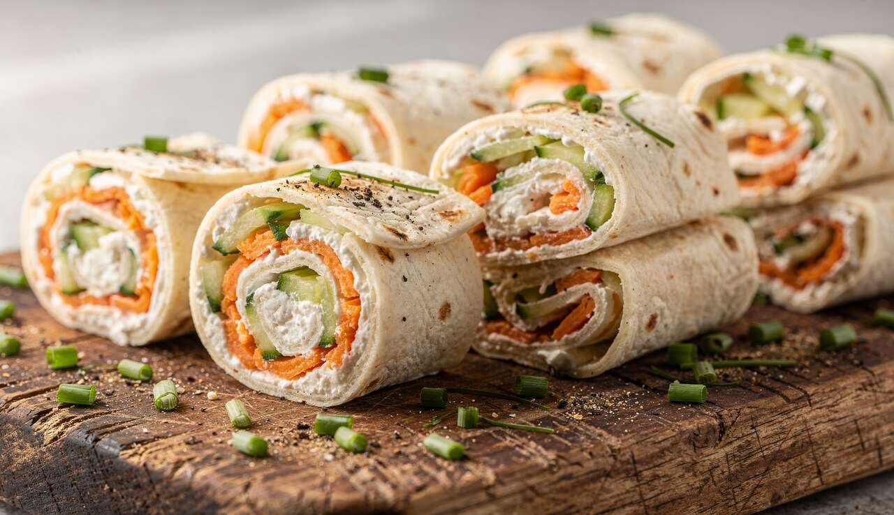 Petits roulés apéritifs : recette au fromage frais et crudités