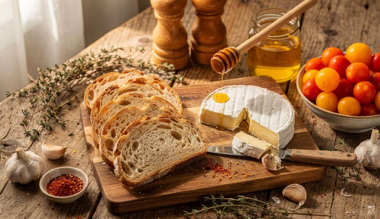 Bruschetta légères tomates chèvre et miel épicé au four
