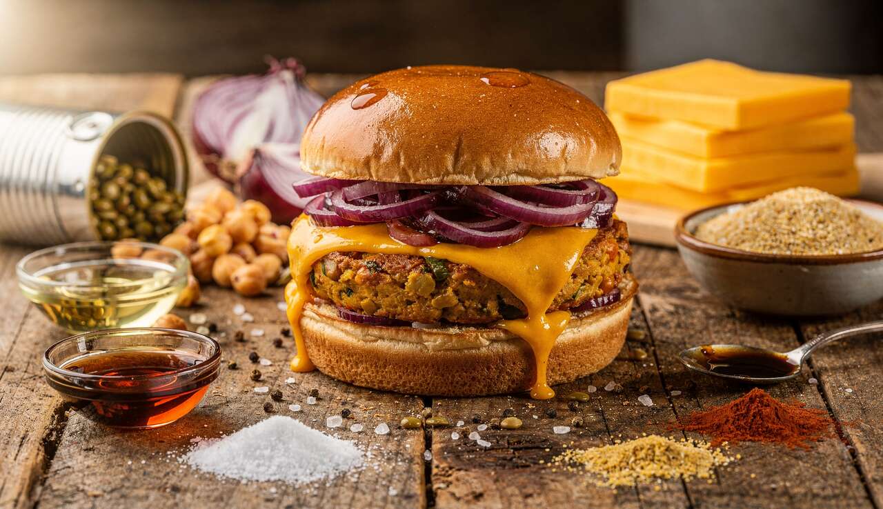 Recette de burger veggie au fromage et oignons marinés