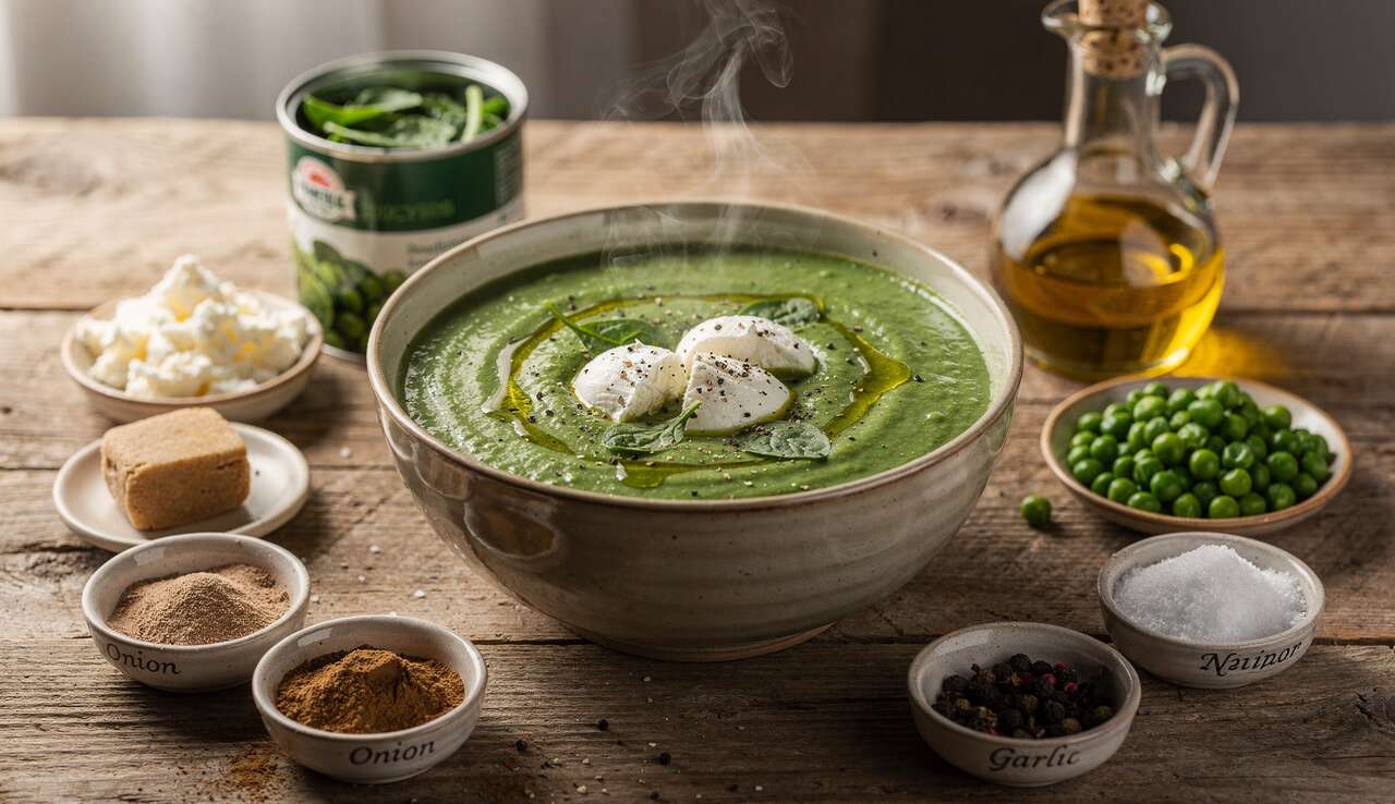 Velouté d&rsquo;épinards et cosses de petits pois au fromage frais