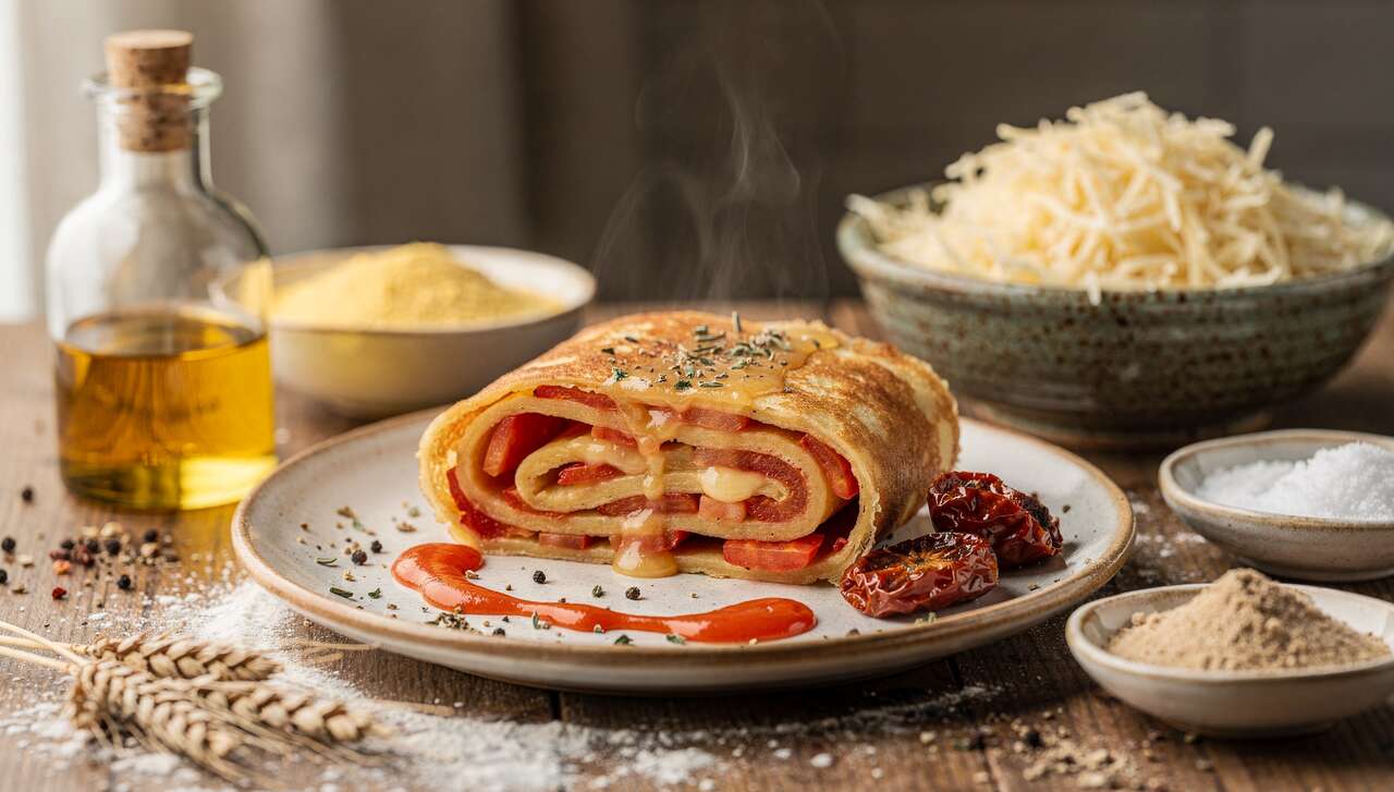 Gâteau roulé léger de crêpe, tomate et fromage : recette simple et savoureuse